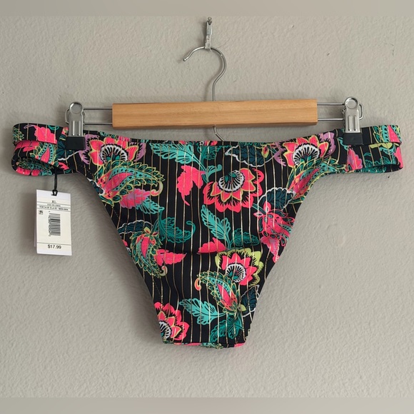 Shade & Shore Black Floral Bikini Bottoms with Neon Pink, Teal & Gold - Picture 2 of 2